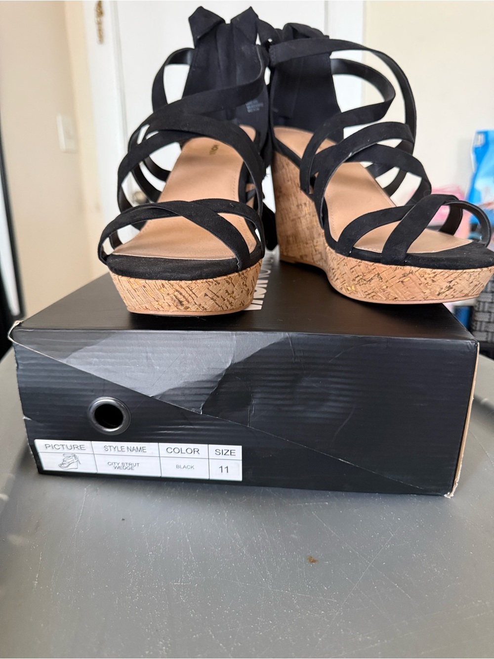 Fashion Nova Black Strappy Cork Wedge Sandals with Ankle Tie - Picture 2 of 14
